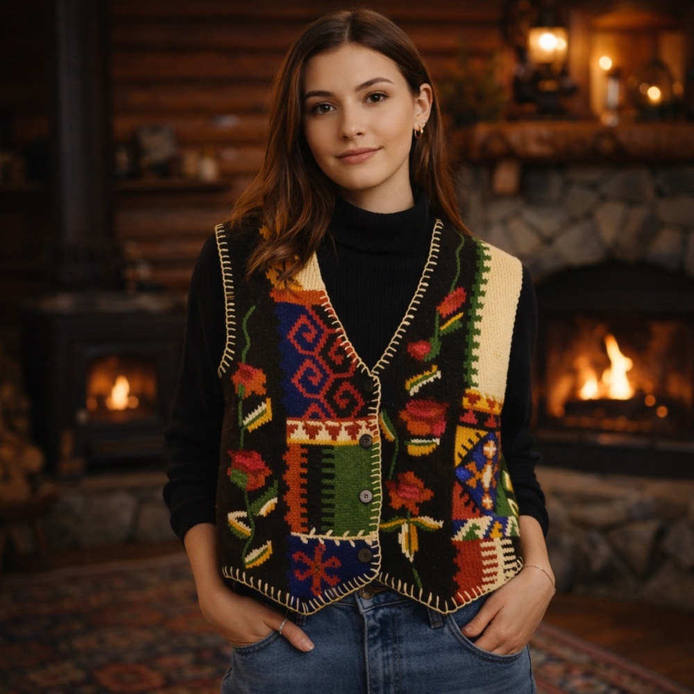 PENDLETON Knock Abouts Vintage Knit Vest M – Multicolor Patchwork Tapestry Folk - Picture 16 of 16